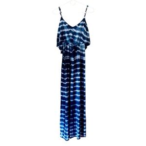 Blue Tie Dye Maxi Dress Boho Spaghetti Strap Flowy Summer Beach Sundress